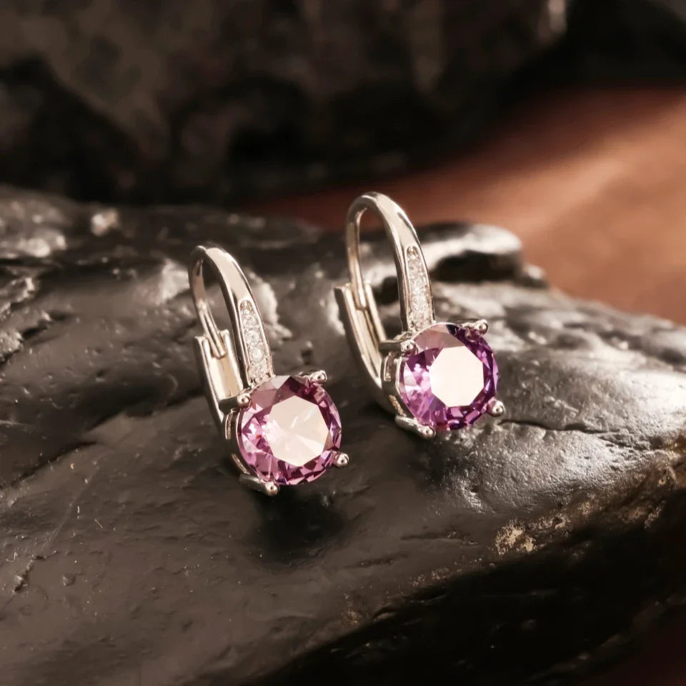 Silver Vintage Round Purple Earrings