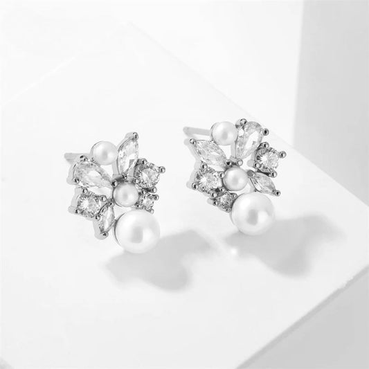 Silver Floral Pearl Stud Earrings