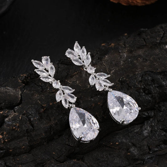 Silver Vintage Crystal Leaf Drop Earrings
