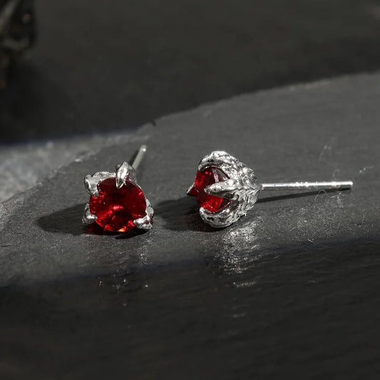 Vintage Silver Red Claw Stud Earrings