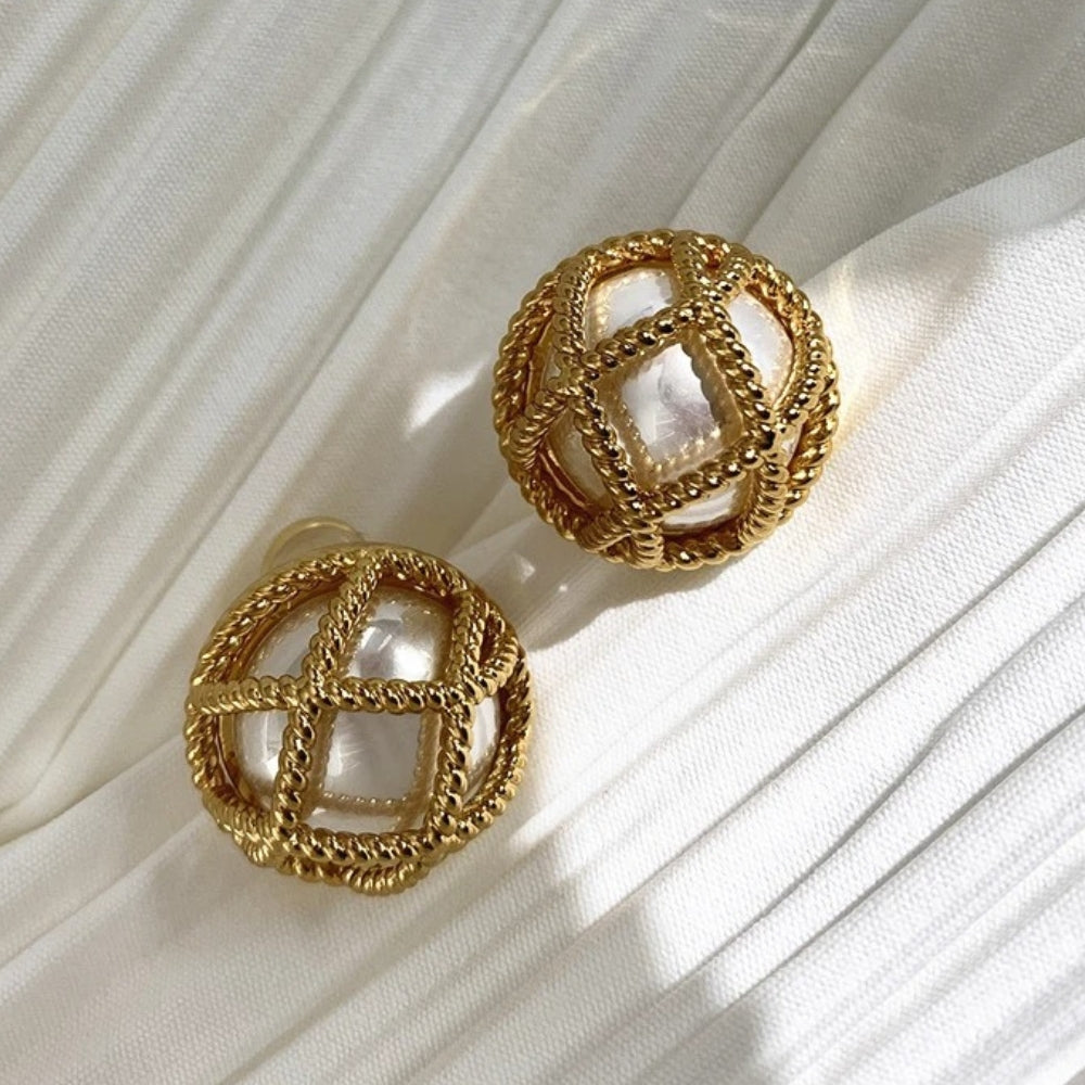 Vintage Gold Pearl Grid Earrings