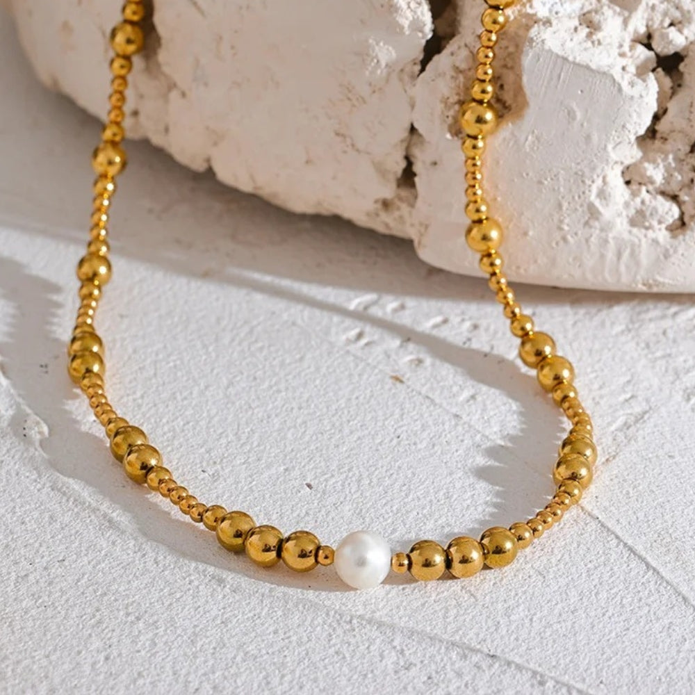 Gold Beaded Pearl Accent Necklace