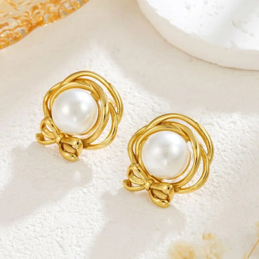 Vintage Pearl Bow Stud Earrings